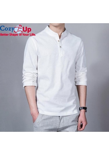Rahat Up Polo Gömlek Erkekler Moda Uzun Kollu Mandarin Yaka Gömlek Erkek Rahat Keten Gömlek Adam Artı Beyaz Mavi