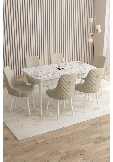 Mazaka Beyaz Mermer 80x132açılabilir Mdf Masa Yemek Odası Takımı,mutfak Takımı 6 Adet Sandalye Krem