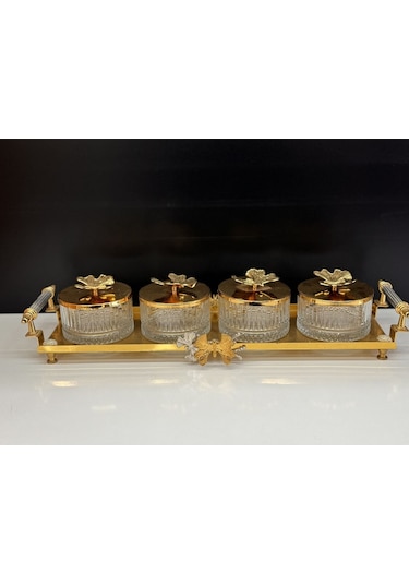 Bella Kelebek Kapaklı Kulplu 4 Bölmeli Sunumluk Çerezlik Kahvaltılık Reçellik