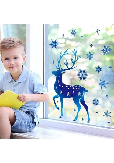 Pazly 5 Yaprak Noel Dekorasyon Çıkartması Cam Pencere Mavi Elk Statik Süsler 20x30cm 5pcs-05