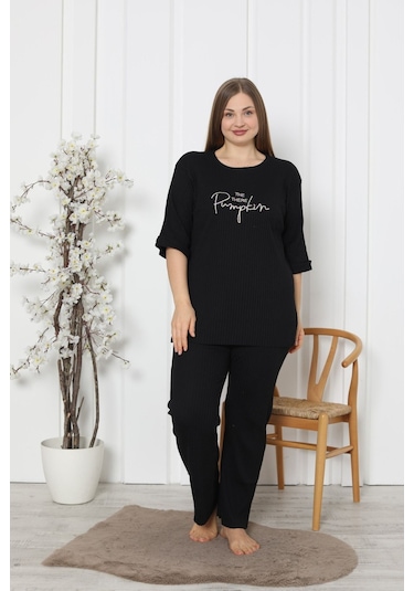 Fames Pijama Fitilli Kaşkorse Pamuklu Ispanyol Paça Yeni Sezon Büyük Beden Ev Giyim Siyah