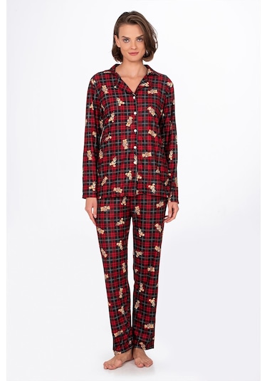 Kadın Süet Önden Düğmeli Pijama Takımı Ayıcık Desen Ayı Desen