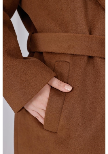 Kadın Kahve Yün Kaşe Kemer Ve Astar Detay Büyük Beden Kaban Kahverengi