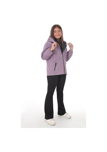 Kız Çocuk Mürdüm İçi Astarlı Su Ve Rüzgar Geçirmez Kapüşonlu Çift Fermuarlı Cepli Yağmurluk Mürdüm