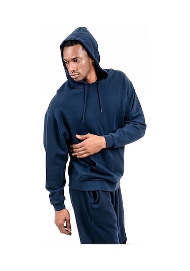 Jahr Marc Lacivert Önü Cepli Kapüşonlu Oversize Erkek Sweatshirt Lacivert