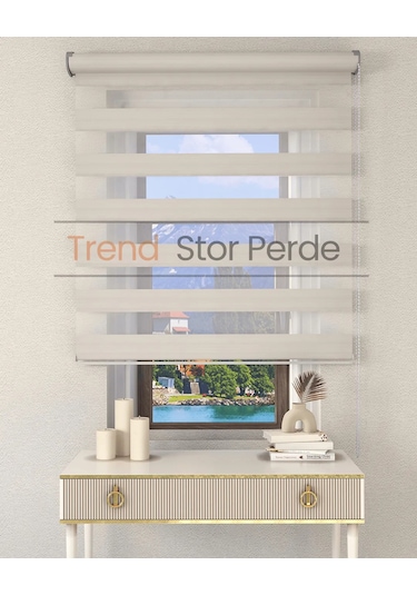 Geniş Plise Beyaz Etek Dilimsiz Zebra Stor Güneşlik Perde Ekru