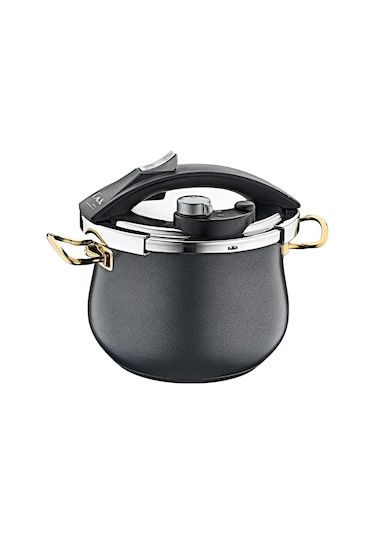 3519 - 16 Parça - Bio Granit -tencere, Tava, Düdüklü Tam Çeyiz Seti, Antrasit Gövde - Gold Detay Siyah