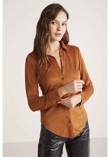 Ethıquet Peyton Kadın Slim Fit Dar Kesim Suni Süet Klasik Örme Taba Gömlek