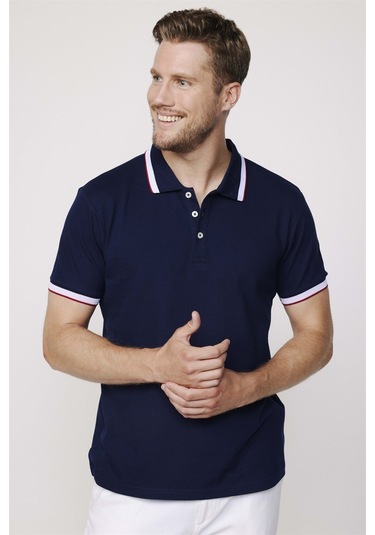 Tudors Erkek Polo Yaka Slim Fit Yaka Ve Kol Şeritli Pike Lacivertvert Tişört-27689-Lacivertvert Lacivert
