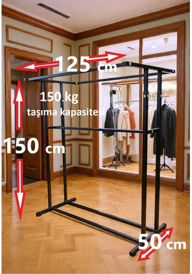 Premium 150 Cm Çelik Konfeksiyon En 125 Cm Elbise Askılık Tekerlekli Demonte Portmanto Hanger Siyah