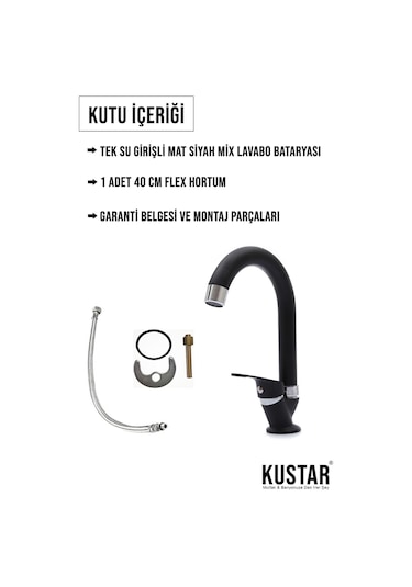 Kustar Tek Su Girişli Mat Siyah Mix Lavabo Bataryası Aç Kapa Musluk