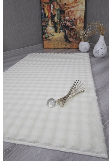 Dekoratif Bubble Uzun Tüylü Yumuşak Puffy Peluş Kaymaz Yıkanabilir Salon Koridor Halı Yolluk Krem