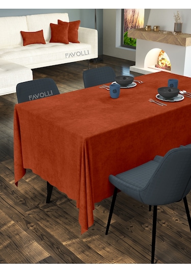 Kadife Dokulu Kiremit Rengi Masa Örtüsü Kiremit