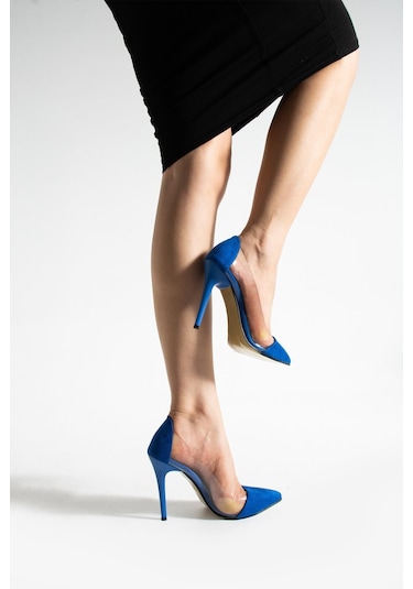 Shoetek Layla Stiletto Şeffaf İnce Topuklu Saks Mavisi Süet Saks Süet