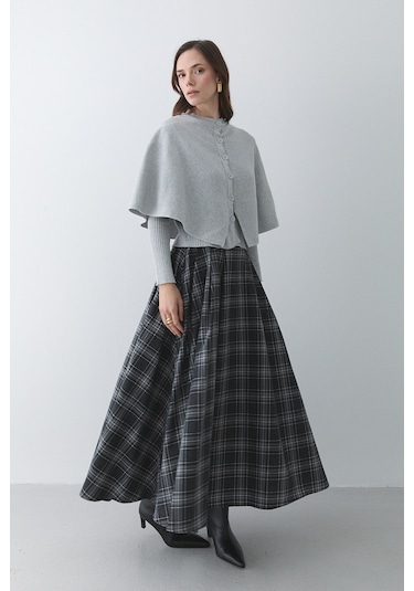Antrasit Gri Deri Şeritli Ekoseli Etek - 4977 Antrasit - Gri