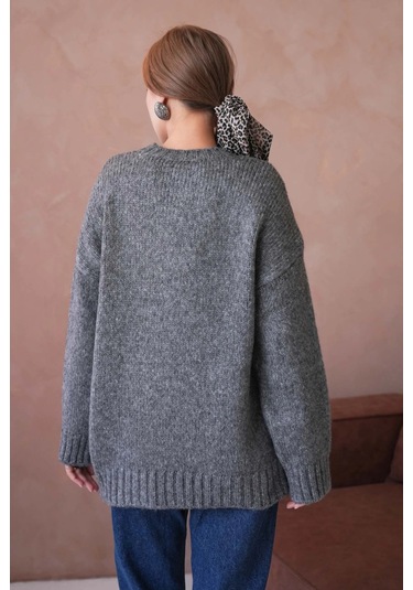 Kadın Bisiklet Yaka Yumuşak Dokulu Oversize Triko Kazak 3032 Antrasit