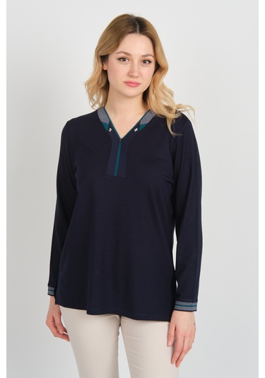 Detay Triko Kadın V Yaka Ve Yakası Taş Detaylı Uzun Kollu Anne Bluz 5711 Lacivert - Yeşil