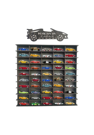 50 Araçlık Eskitme Siyah Ahşap Hobi Araba Rafı Kişiye Özel İsiml