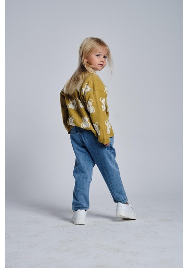 Ayıcık Desenli Hırka T-shirt Denim Pantolon Takım Fıstık Yeşili