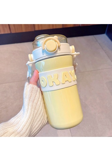 Velvettides Kişilik Alfabe Termos Bardak Taşınabilir Pipet Su Bardak Erkekler Ve Kızlar Su Bardak Öğrenci Spor Su Şişesi Sarı