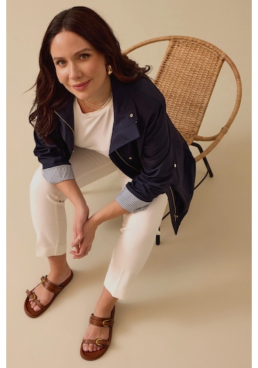 Kadın Büyük Beden Şerit Astarlı Cepli Trençkot - Lacivert Lacivert