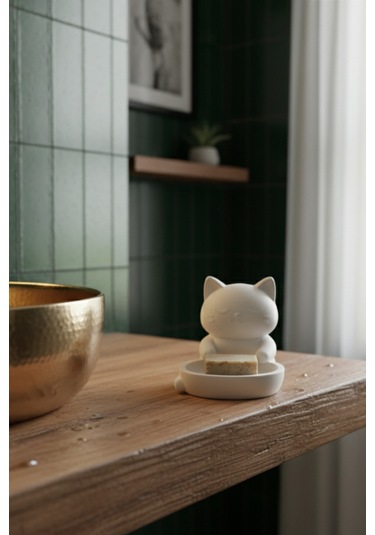 Oxyteez Kedi Figürlü Sabunluk Beyaz Renk Reçine Tasarım Ev Ve Ofis Dekorasyonu