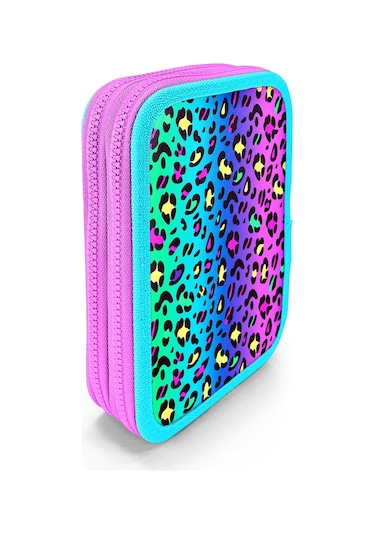 Coral High Kids Renkli Leopar Desenli Çift Katlı Kalem Çanta 11143 Renkli