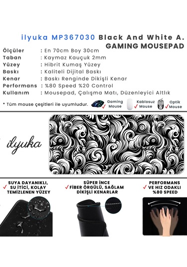 İlyuka Mousepad 70x30cm Büyük Boy Xl Mp367030 Blackwhite Abstract