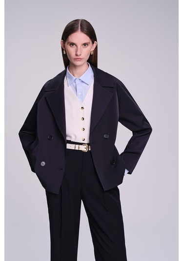 Saykı Woman Lacivert Slim Fit Düz Mono Yaka Pamuklu Trençkot Kahverengi