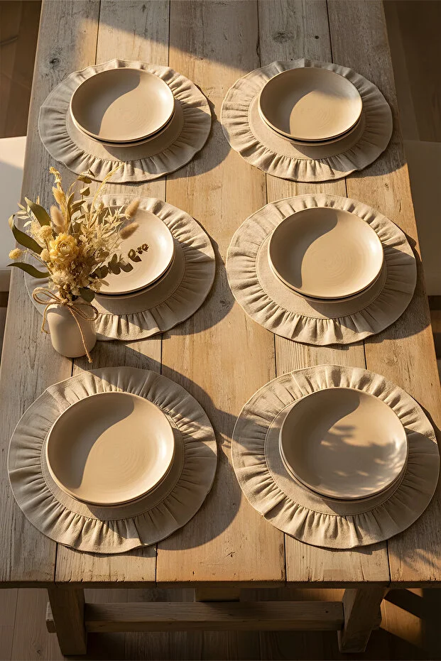 Yunusoğlu Home Pamuklu Fırfırlı Supla 6'lı Set Amerikan Servis 33 Cm Çap Supla 6'lı Bej