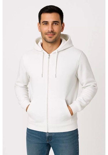 Erkek Üç İplik Kapüşonlu Tam Fermuarlı Kanguru Çepli Sweatshirt Hoodie - Beyaz Beyaz