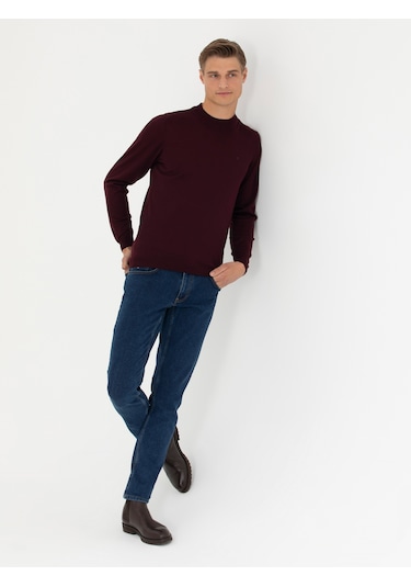 Cacharel Koyu Bordo Slim Fit Çeyrek Balıkçı Yaka Triko Kazak