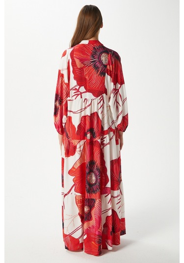 Modest Kadın Catina Kırmızı Çiçekli %100 Viskon Maksi Boy Yazlık Elbise Kırmızımercanekru Çok Renkli