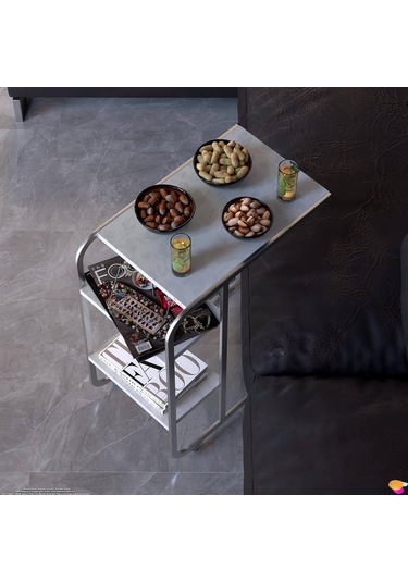 Modilayn C Yan Sehpa Dar Boy Tekerlekli Çalışma, Atıştırmalık, Yemek, Laptop Sehpası Çiçekli Beyaz Beyaz