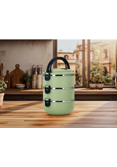 Penguen Kulplu Çelik Sefer Tası - Yemek Termosu Saklama Kabı 3 Katlı Yeşil Yeşil