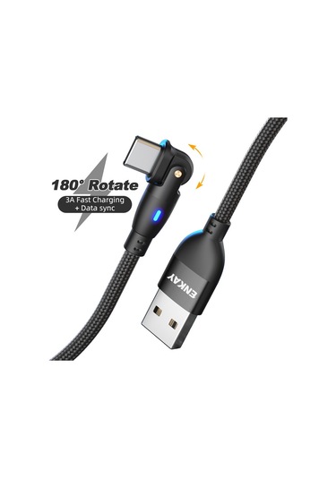 Enkay 180 Derece Dönen Usb'den Type-c 3a Hızlı Şarj Veri Kablosu Led Işıkla, Uzunluk: 1m Kırmızı