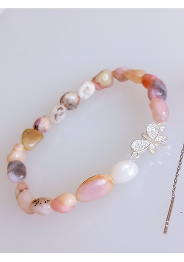 925 Ayar Gümüş Zincir Kelebek Küpe Pembe Ay Taşı Doğal Taş Kadın Bileklik Gümüş