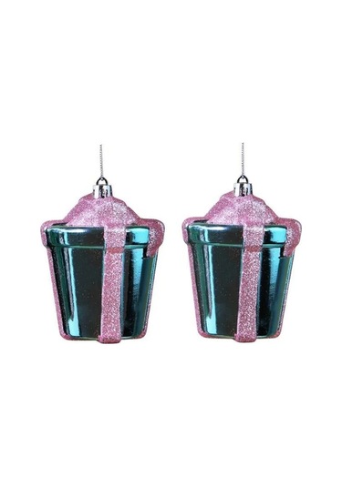 Yılbaşı Süsü Simli Parlak Hediye Paketi 2'li Mavi Pembe 10 Cm