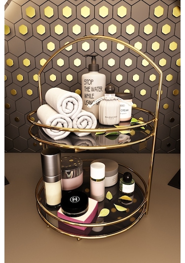 Bino Banyo Düzenleyici Organizer Takı Kozmetik Havlu Rafı Standı 2 Katlı 40cm Altın