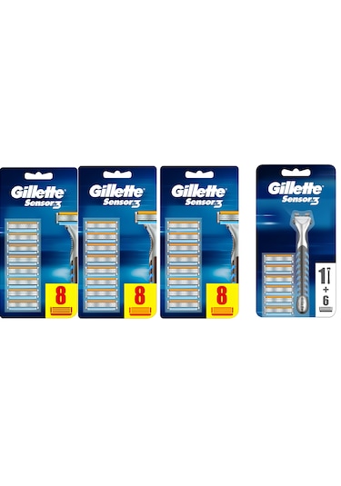 Gillette Sensor3 Erkek Tıraş Bıçakları 8+8 +8+6 Yedek + Makina