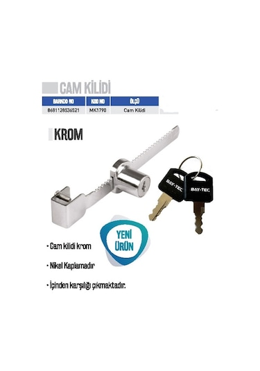 Bay-tec Cam Kilidi Sürgülü Krom 2 Anahtarlı