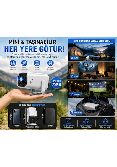4k Destekli Android 13 Akıllı Projeksiyon Cihazı Wifi 6 Bluetooth 5.4 Full Hd Mini Projektör