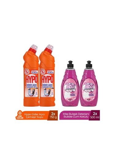 Hypo Gider Açıcı Çamaşır Suyu Çam Tazeliği 750 Gr X 2 + Miss Bulaşık Deterjanı Bubble 500 Ml X2 4'lü Set