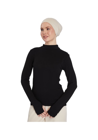 Kadın Organik Parmak Geçmeli Balıkçı Yakalı Body Siyah