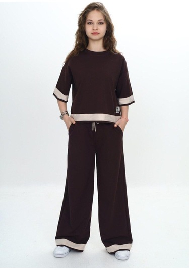 Kız Çocuk %100 Pamuk Kısa Kollu Garnili Truvakar Kol 2 İplik Alt&üst Eşofman Takımı-285-eşt-0011 Kahverengi