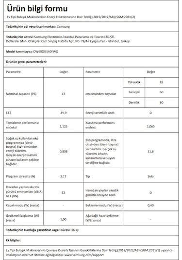 Samsung DW60DG540FWQ 4 Programlı 13 Kişilik Bulaşık Makinesi