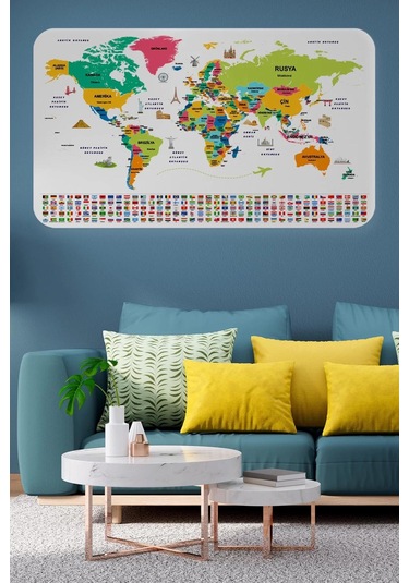 Türkçe Ülke Bayrak Lı Eğitici Başkent Detaylı Atlası Dünya Haritası Duvar Sticker -60x105-3860 Renkli