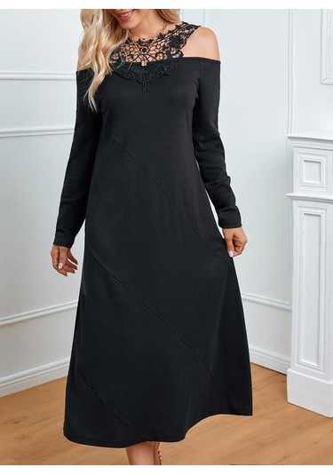 Nnstartshopping Kadın Uzun Kollu Yaka Önü Güpürlü Madonna Yaka Viskon Midi Boy Elbise Siyah
