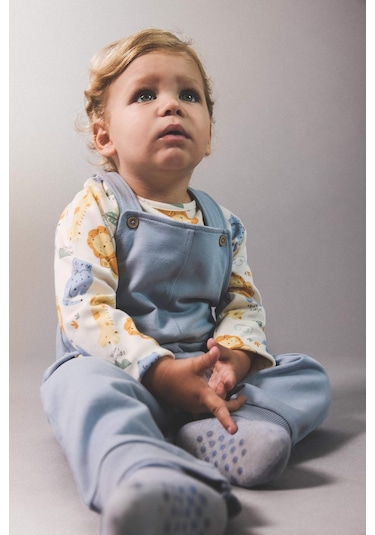 Defacto Erkek Bebek 2li Takım Safari Baskılı Uzun Kollu Tişört Salopet F2208a525aube523 Mavi