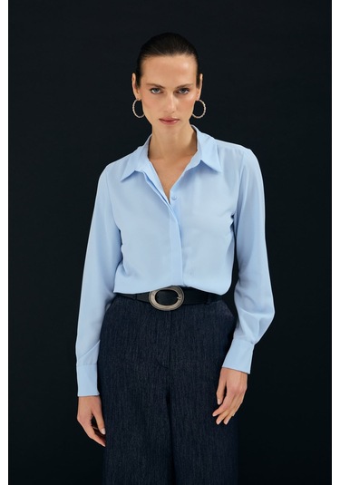 Sateen Klasik Düz Gömlek - Mavi-136996